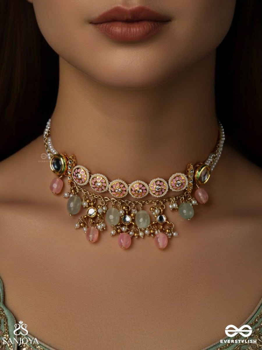 Pankhuri - Delicate Petals - Kundan Choker Necklace With Pink And Mint Drop Details
