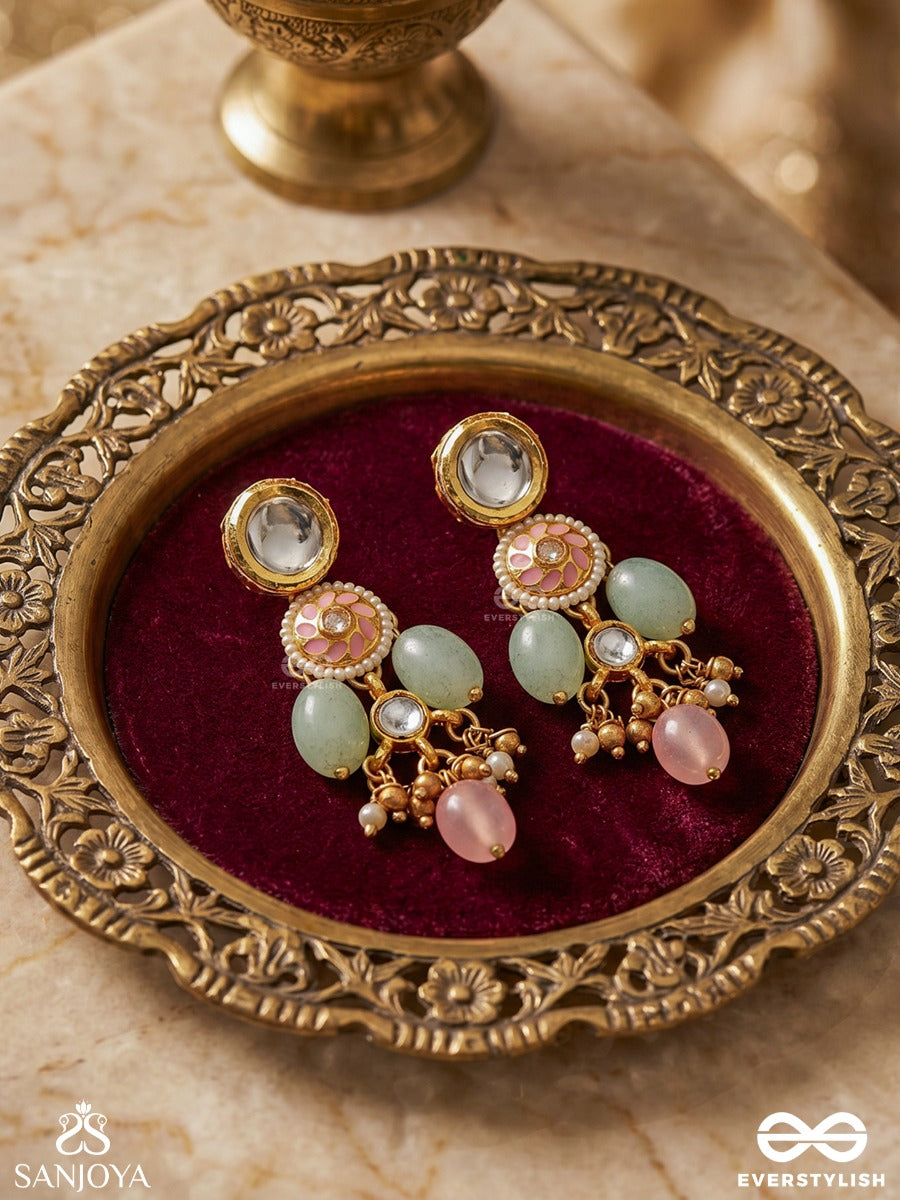 Pankhuri - Delicate Petals - Kundan Earrings With Pink And Mint Drop Details