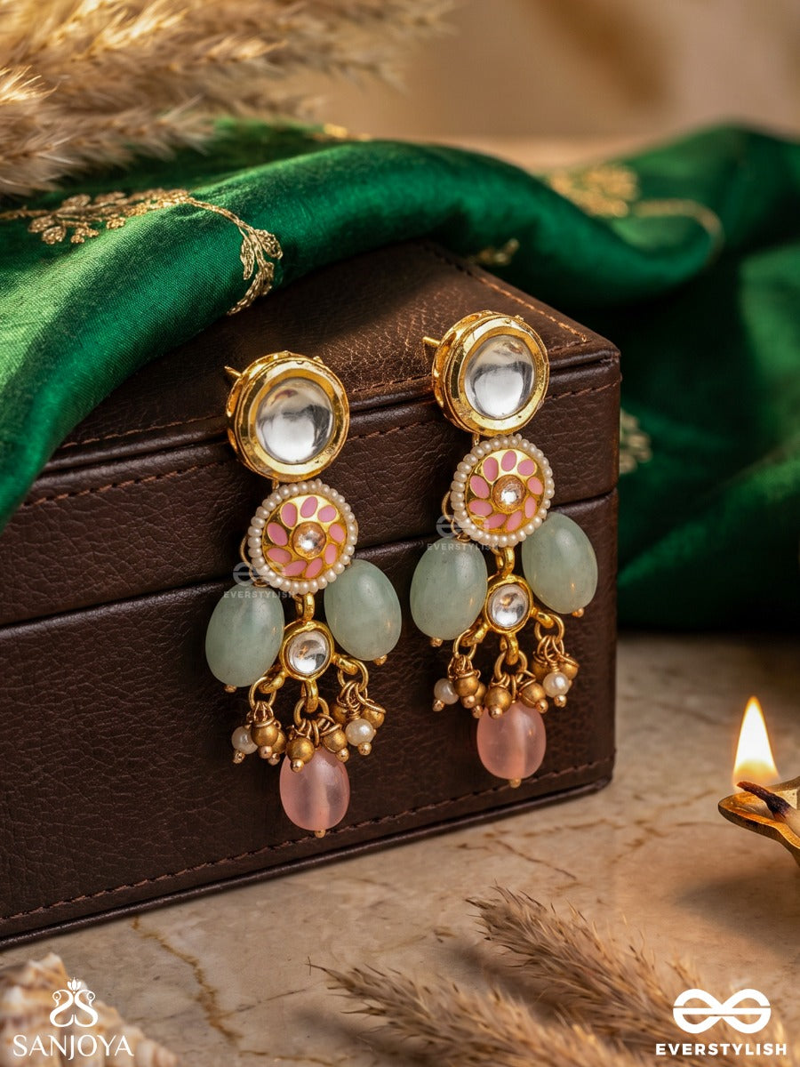 Pankhuri - Delicate Petals - Kundan Earrings With Pink And Mint Drop Details