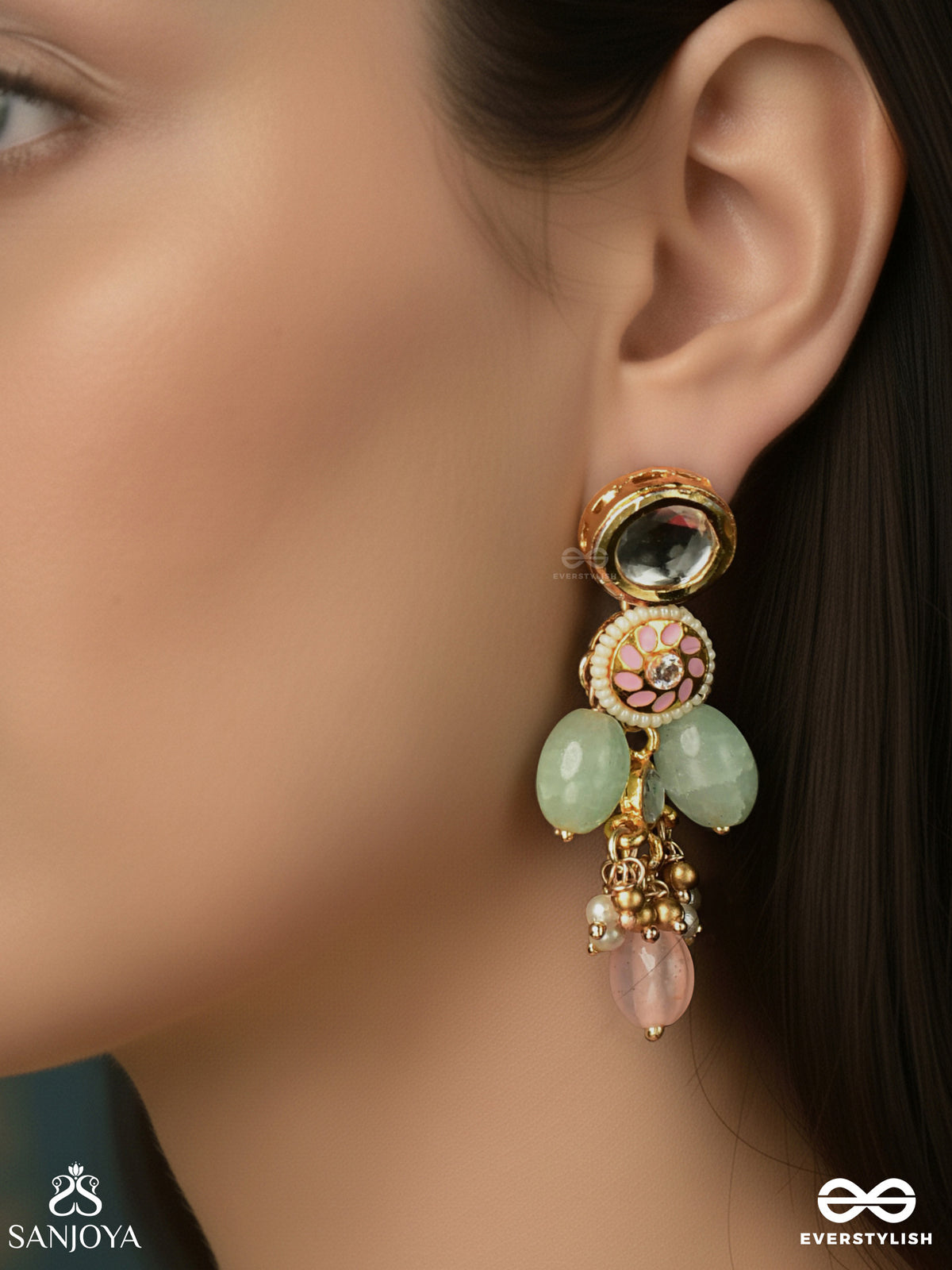 Pankhuri - Delicate Petals - Kundan Earrings With Pink And Mint Drop Details