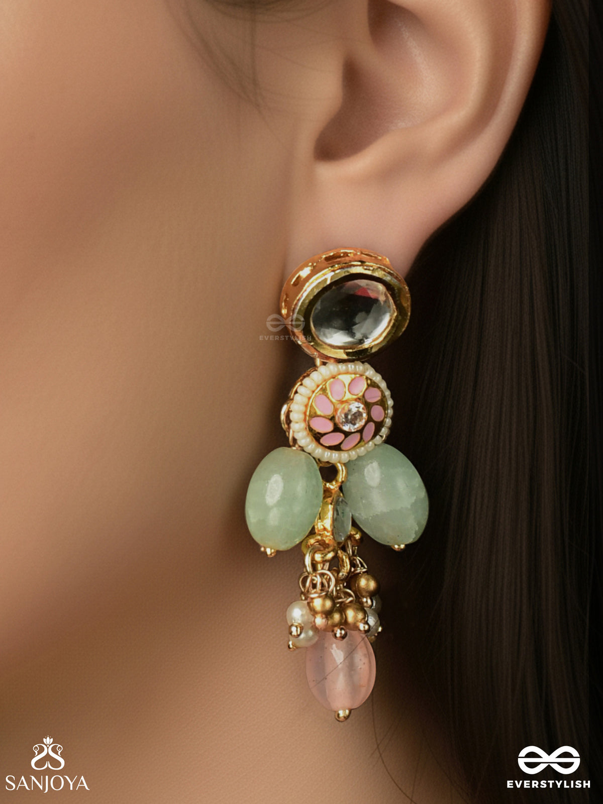 Pankhuri - Delicate Petals - Kundan Earrings With Pink And Mint Drop Details