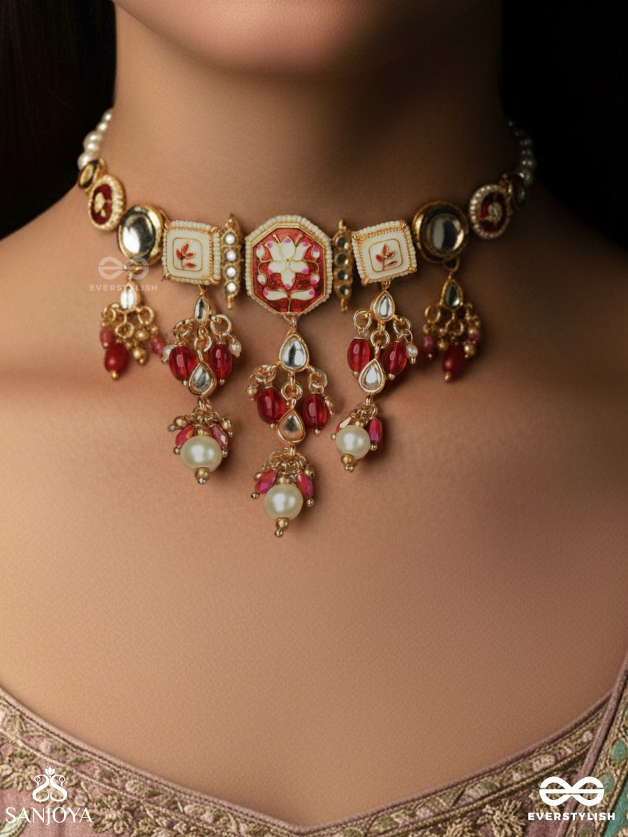 Sindurima - Sacred Crimson Beauty - Traditional Kundan Choker Necklace With Red Accents And Pearl Hangings