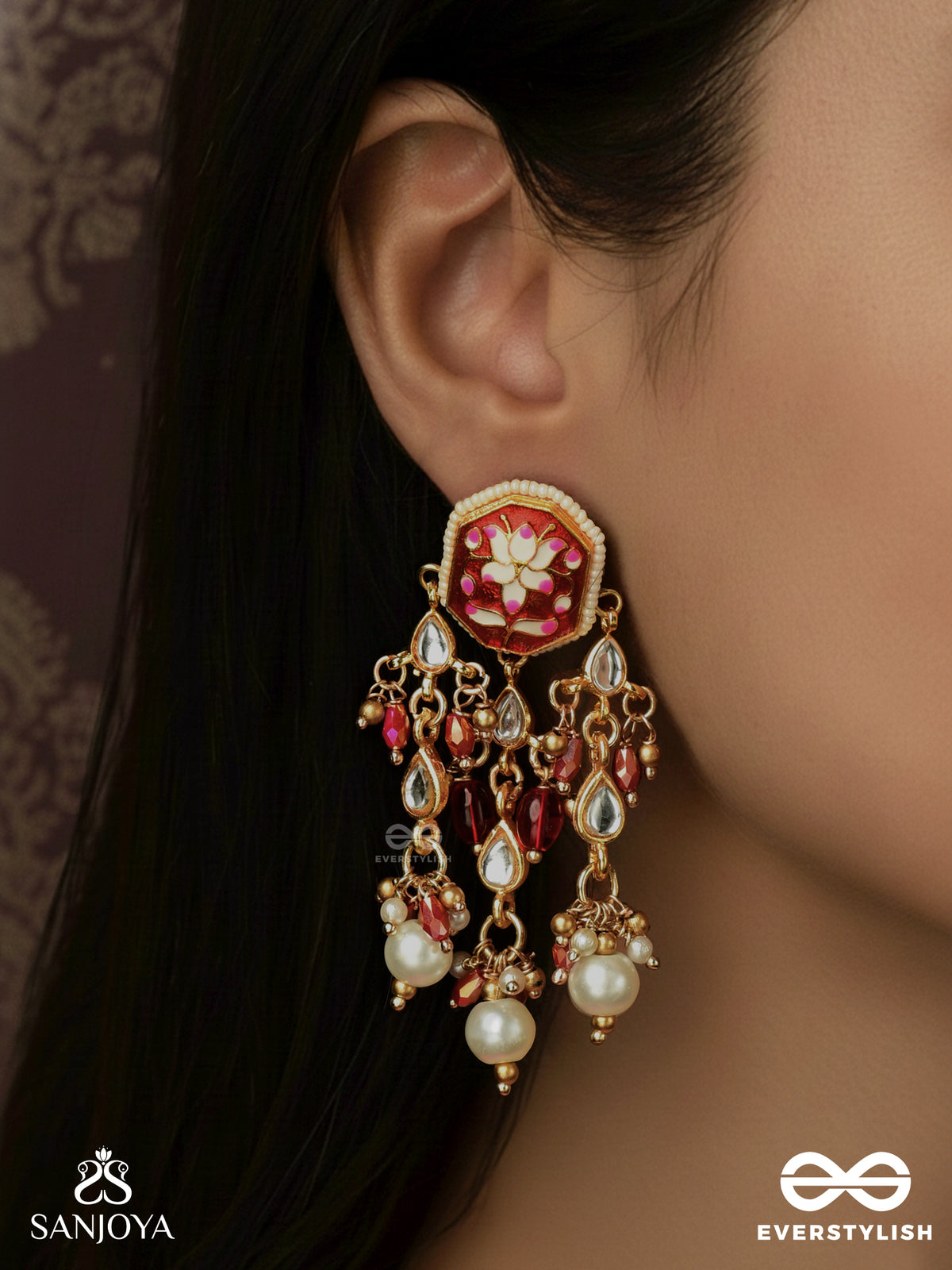 Sindurima - Sacred Crimson Beauty - Traditional Kundan Earrings With Red Accents And Pearl Hangings