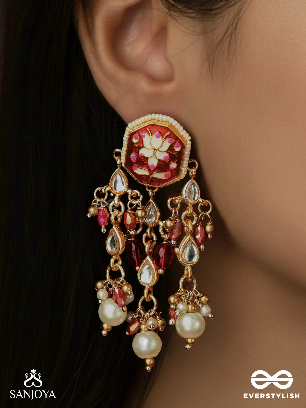 Sindurima - Sacred Crimson Beauty - Traditional Kundan Earrings With Red Accents And Pearl Hangings
