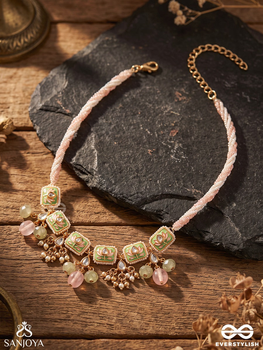 Mridulika - Blossomed Grace - Lotus Motif Kundan Choker Necklace With Pastel Green Enamel, Pearl Clusters And Soft Pink Drops