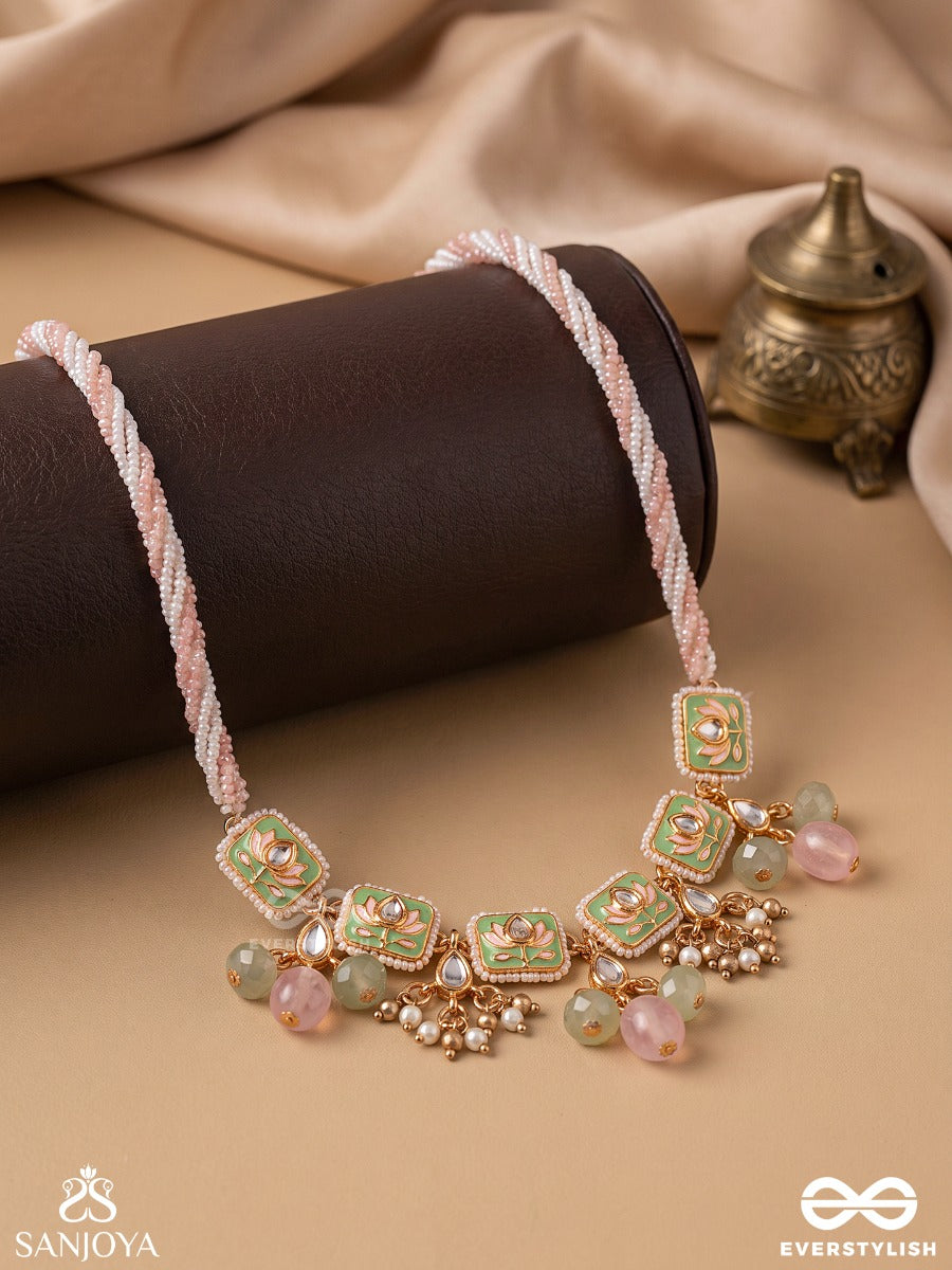 Mridulika - Blossomed Grace - Lotus Motif Kundan Choker Necklace With Pastel Green Enamel, Pearl Clusters And Soft Pink Drops