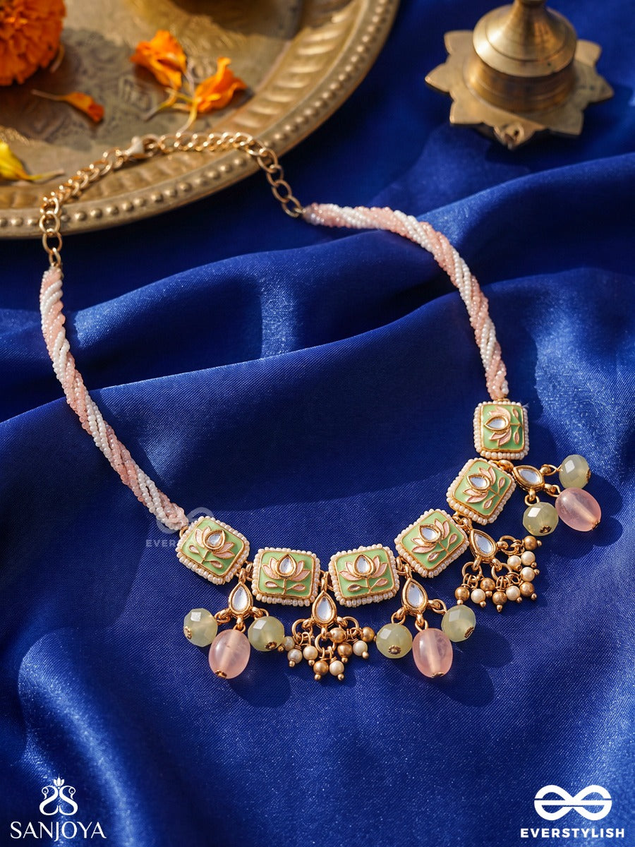 Mridulika - Blossomed Grace - Lotus Motif Kundan Choker Necklace With Pastel Green Enamel, Pearl Clusters And Soft Pink Drops