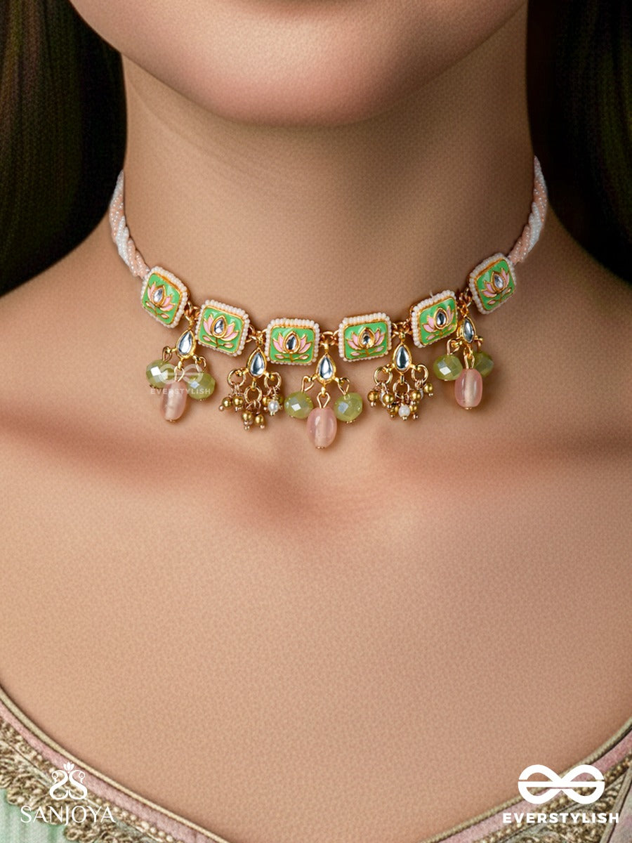 Mridulika - Blossomed Grace - Lotus Motif Kundan Choker Necklace With Pastel Green Enamel, Pearl Clusters And Soft Pink Drops