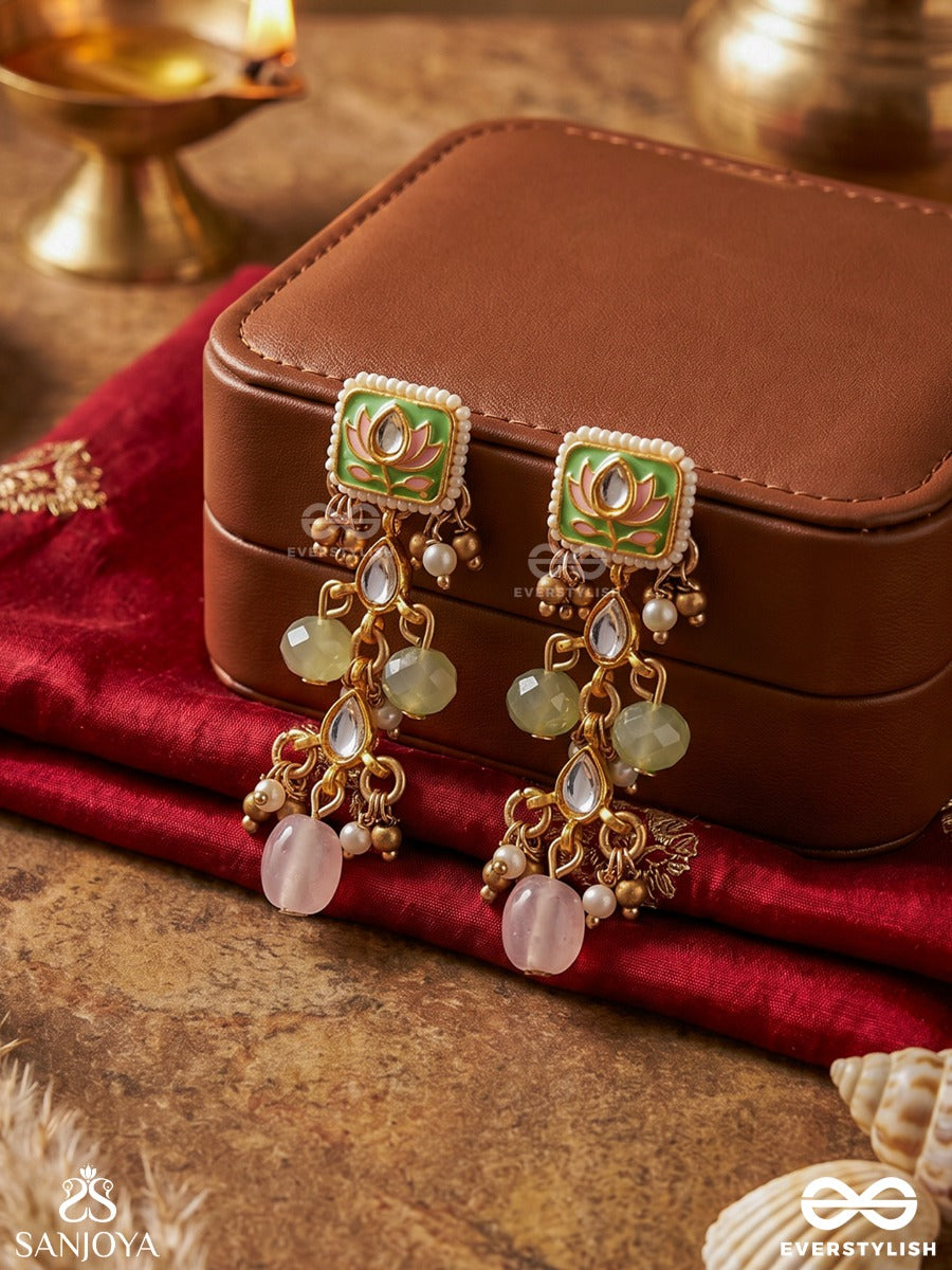 Mridulika - Blossomed Grace - Lotus Motif Kundan Earrings With Pastel Green Enamel, Pearl Clusters And Soft Pink Drops