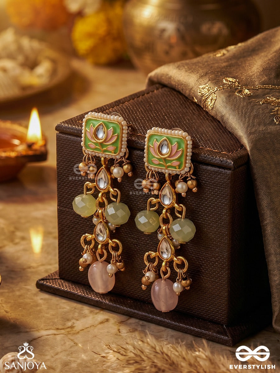 Mridulika - Blossomed Grace - Lotus Motif Kundan Earrings With Pastel Green Enamel, Pearl Clusters And Soft Pink Drops