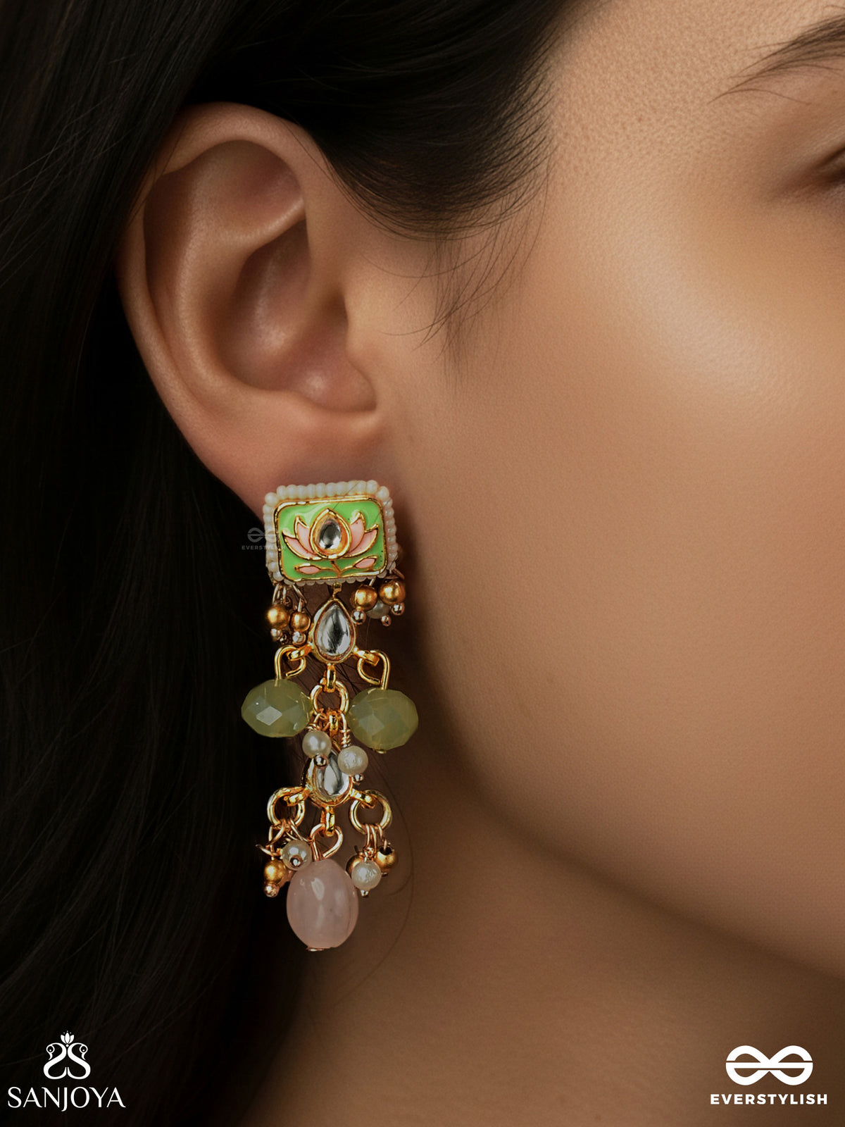 Mridulika - Blossomed Grace - Lotus Motif Kundan Earrings With Pastel Green Enamel, Pearl Clusters And Soft Pink Drops
