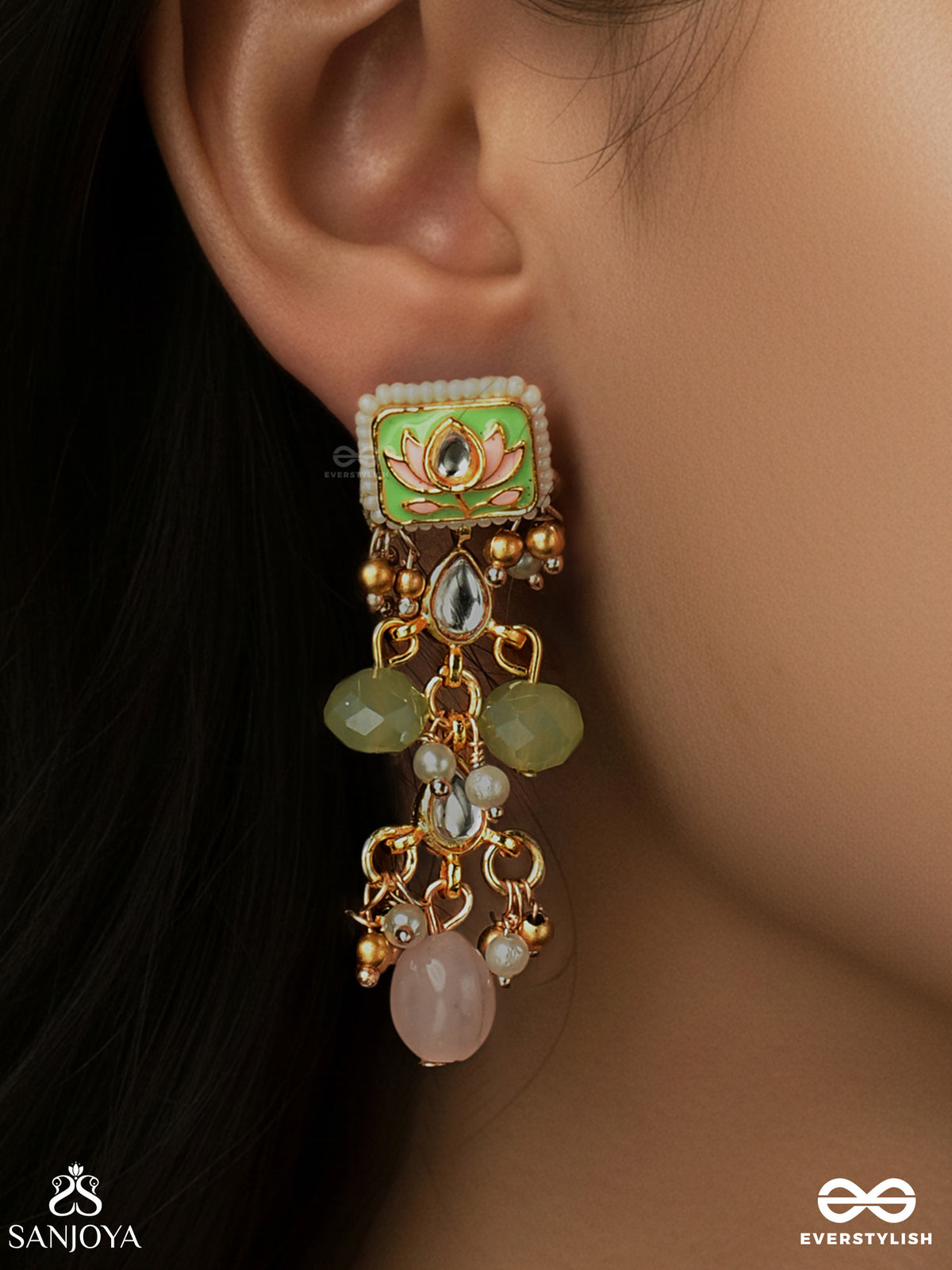 Mridulika - Blossomed Grace - Lotus Motif Kundan Earrings With Pastel Green Enamel, Pearl Clusters And Soft Pink Drops