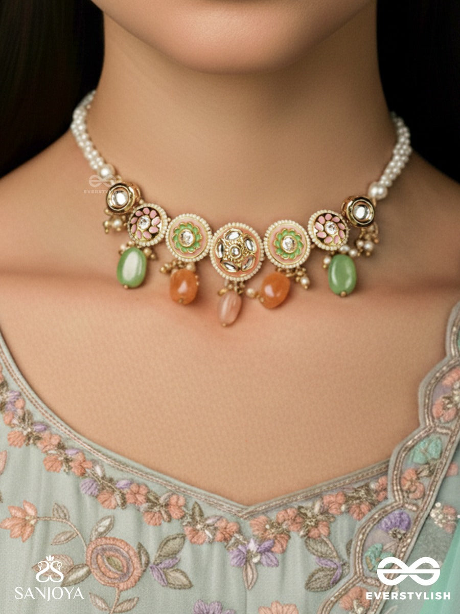 Varnakanti - Radiant Colours - Gold Kundan Choker Necklace With Multi-Toned Stone Drops