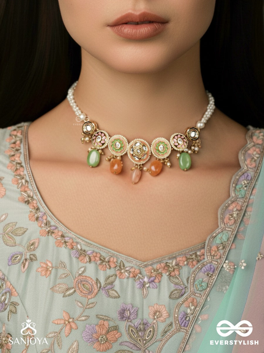Varnakanti - Radiant Colours - Gold Kundan Choker Necklace With Multi-Toned Stone Drops
