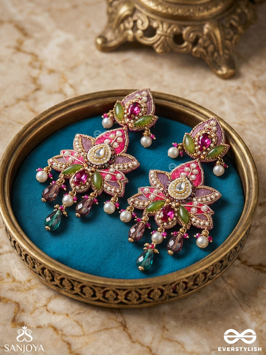 Kanakpushpa - Golden Bloom - Grand Floral Earrings With Ruby Petals And Gemmed Danglers
