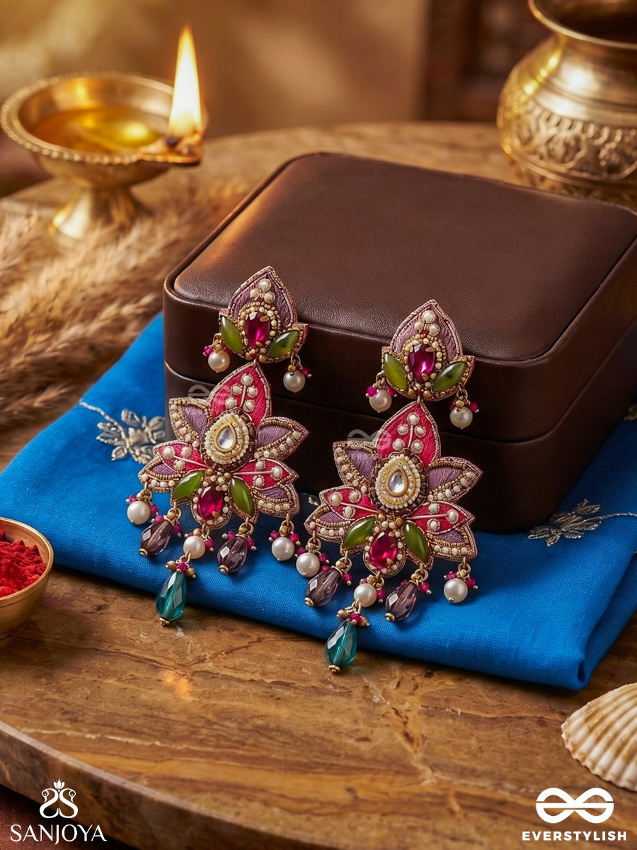Kanakpushpa - Golden Bloom - Grand Floral Earrings With Ruby Petals And Gemmed Danglers