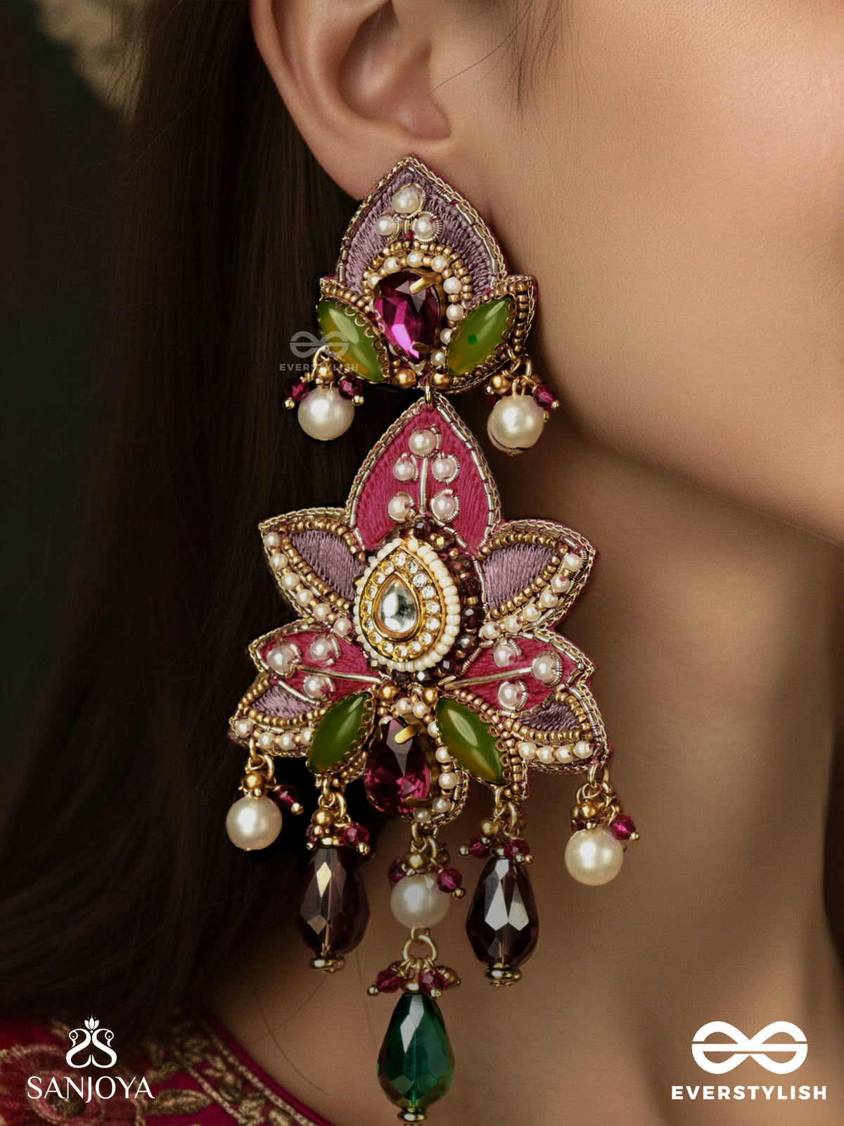Kanakpushpa - Golden Bloom - Grand Floral Earrings With Ruby Petals And Gemmed Danglers