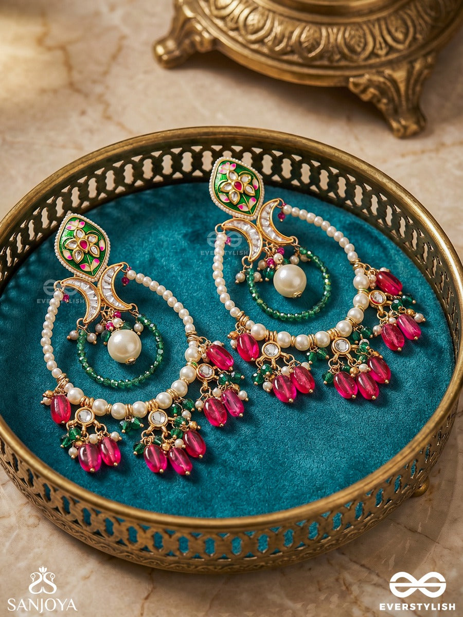 Alankrita - Ornamental Detail - Ornate Kundan Hoop Earrings With Floral Enamel Top, Pearl Circle And Coloured Drop Beads