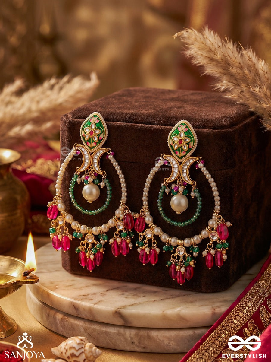 Alankrita - Ornamental Detail - Ornate Kundan Hoop Earrings With Floral Enamel Top, Pearl Circle And Coloured Drop Beads