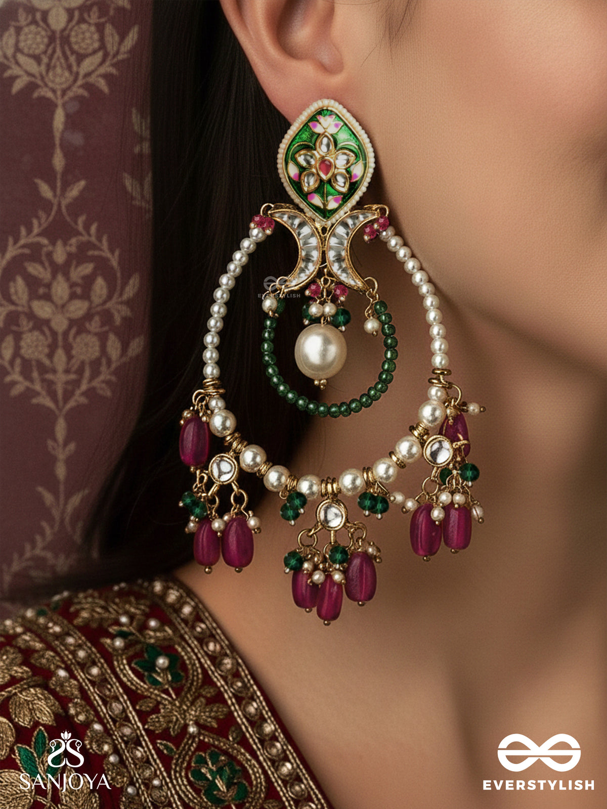 Alankrita - Ornamental Detail - Ornate Kundan Hoop Earrings With Floral Enamel Top, Pearl Circle And Coloured Drop Beads