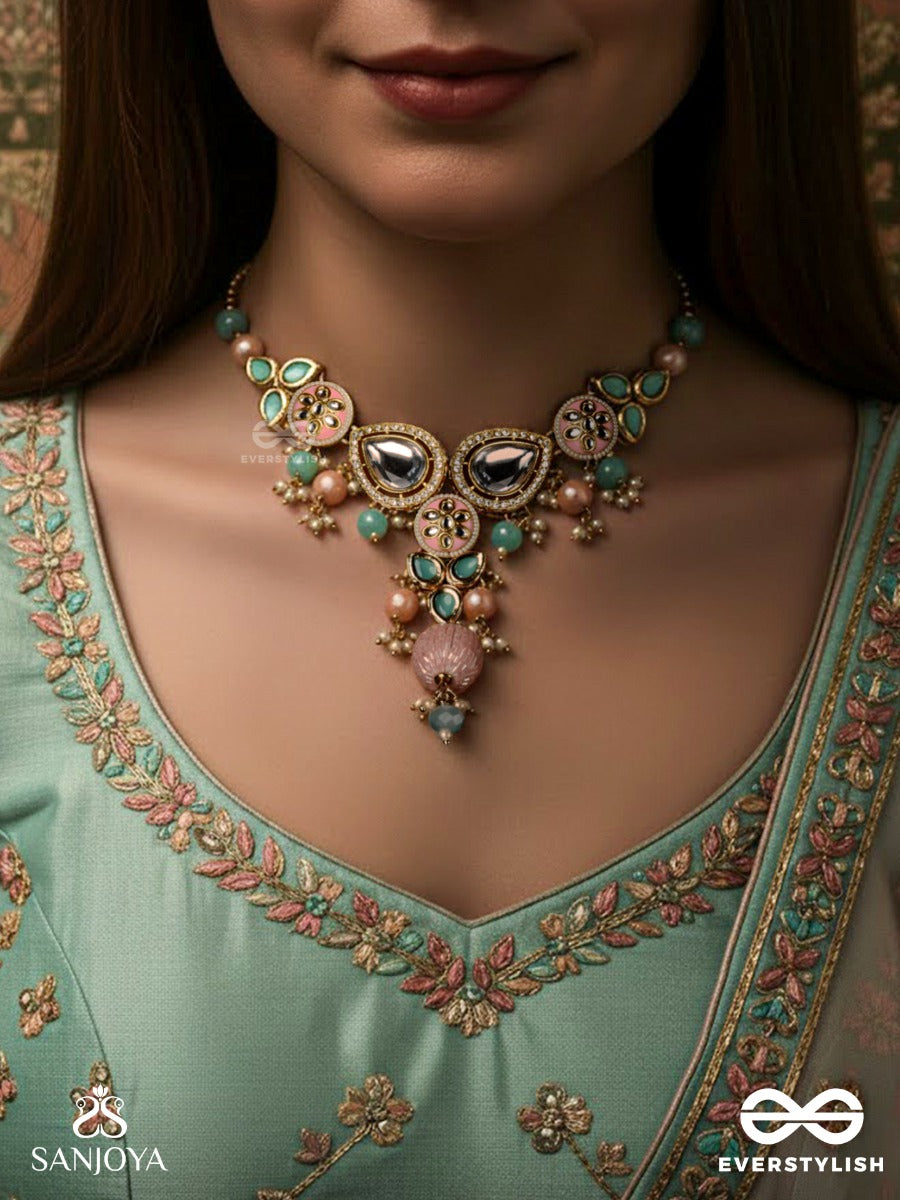 Anurangi - Harmony Of Colours - Kundan Necklace With Green Enamel Motifs, Mirror Stones And Pastel Bead Drops