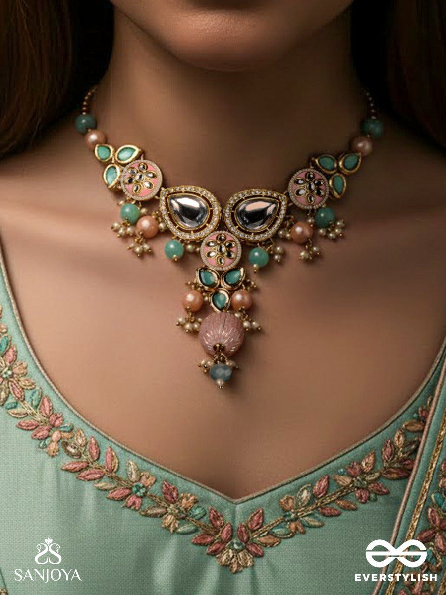 Anurangi - Harmony Of Colours - Kundan Necklace With Green Enamel Motifs, Mirror Stones And Pastel Bead Drops