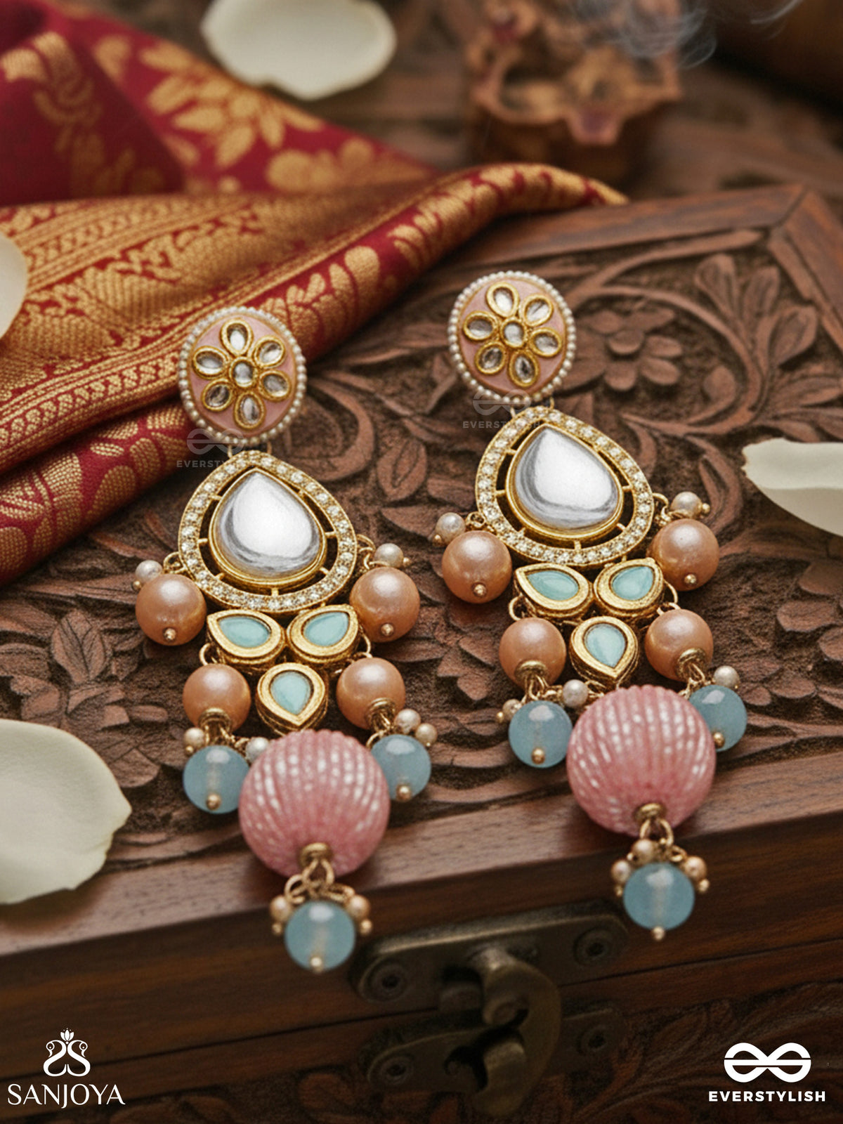 Anurangi - Harmony Of Colours - Kundan Earrings With Green Enamel Motifs, Mirror Stones And Pastel Bead Drops