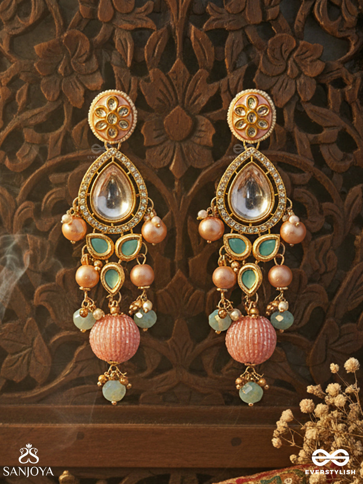 Anurangi - Harmony Of Colours - Kundan Earrings With Green Enamel Motifs, Mirror Stones And Pastel Bead Drops