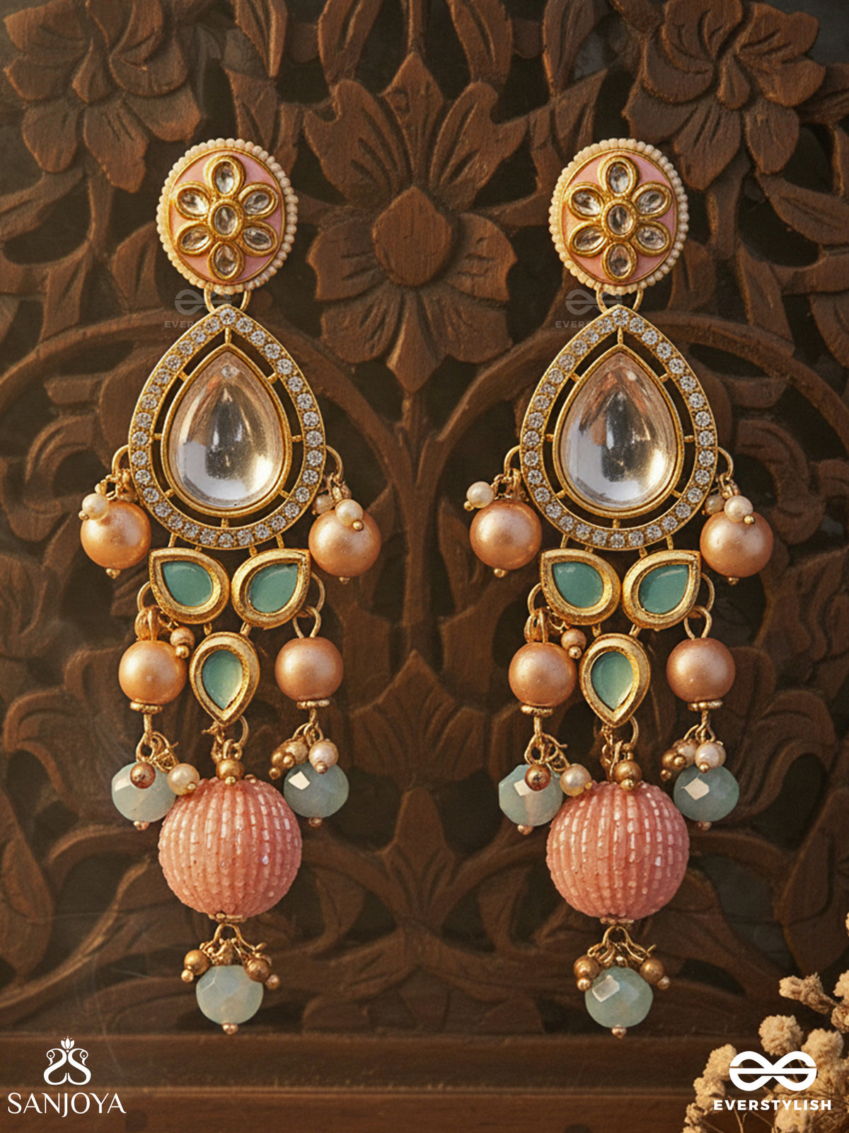 Anurangi - Harmony Of Colours - Kundan Earrings With Green Enamel Motifs, Mirror Stones And Pastel Bead Drops