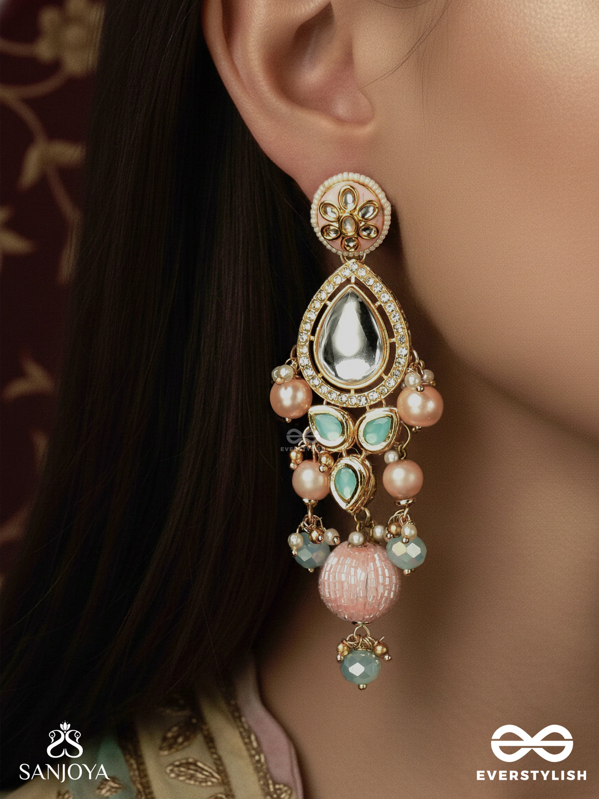 Anurangi - Harmony Of Colours - Kundan Earrings With Green Enamel Motifs, Mirror Stones And Pastel Bead Drops