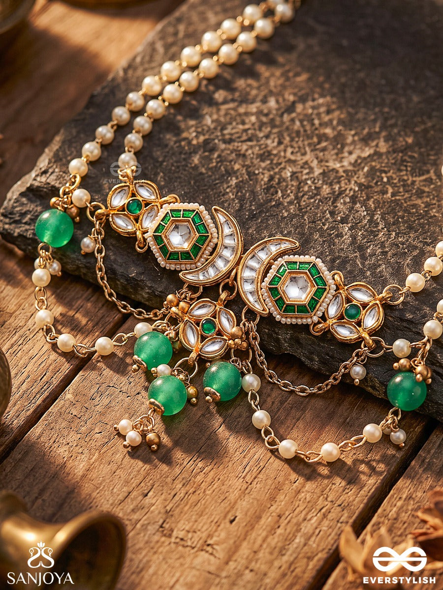 Haritshringa - Ornament Of Green Grace - Kundan Necklace With Emerald Stone Centres, Draped Chains And Green Bead Drops