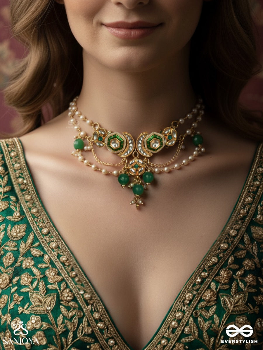 Haritshringa - Ornament Of Green Grace - Kundan Necklace With Emerald Stone Centres, Draped Chains And Green Bead Drops