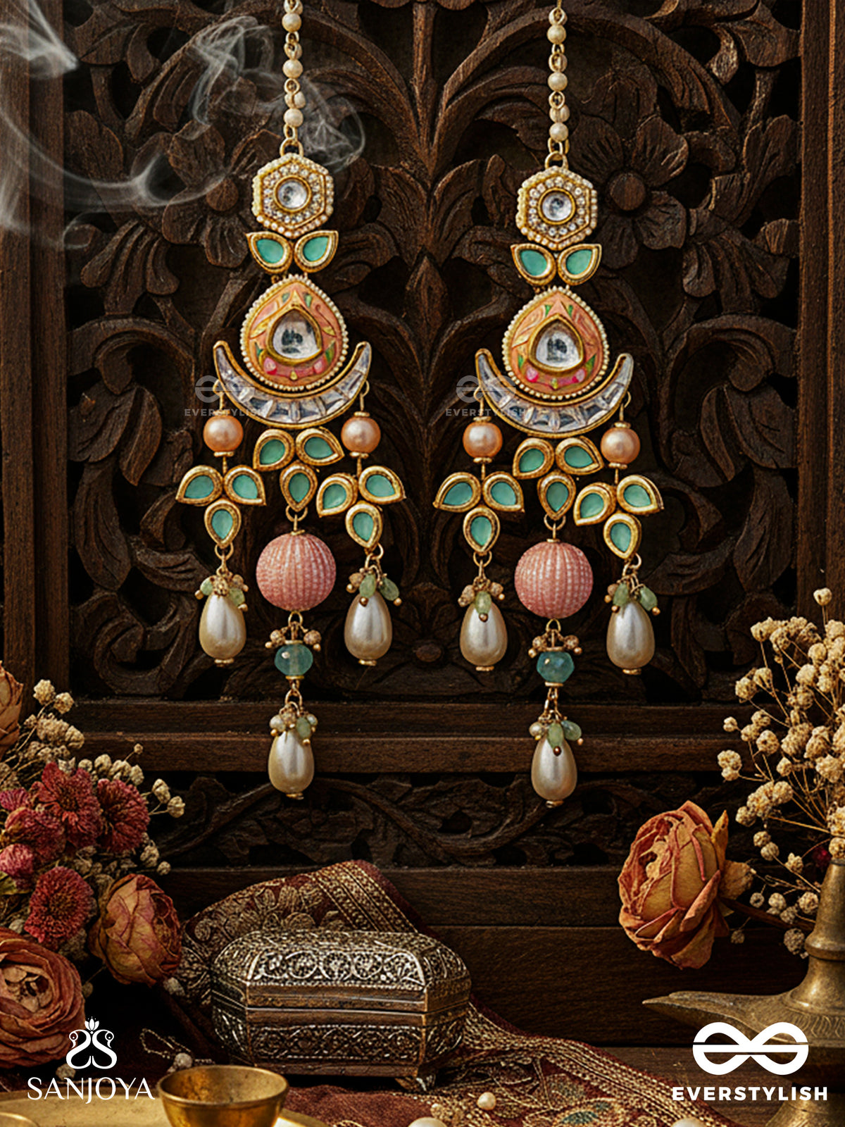 Anurangi - Harmony Of Colours - Kundan Earrings With Green Enamel Motifs, Mirror Stones And Pastel Bead Drops