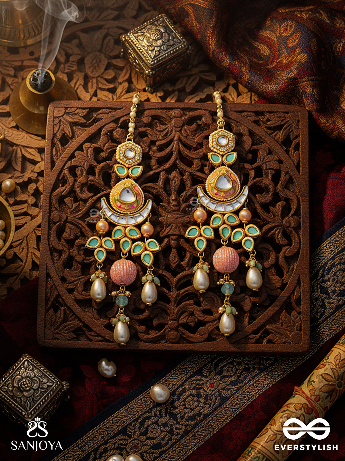 Anurangi - Harmony Of Colours - Kundan Earrings With Green Enamel Motifs, Mirror Stones And Pastel Bead Drops