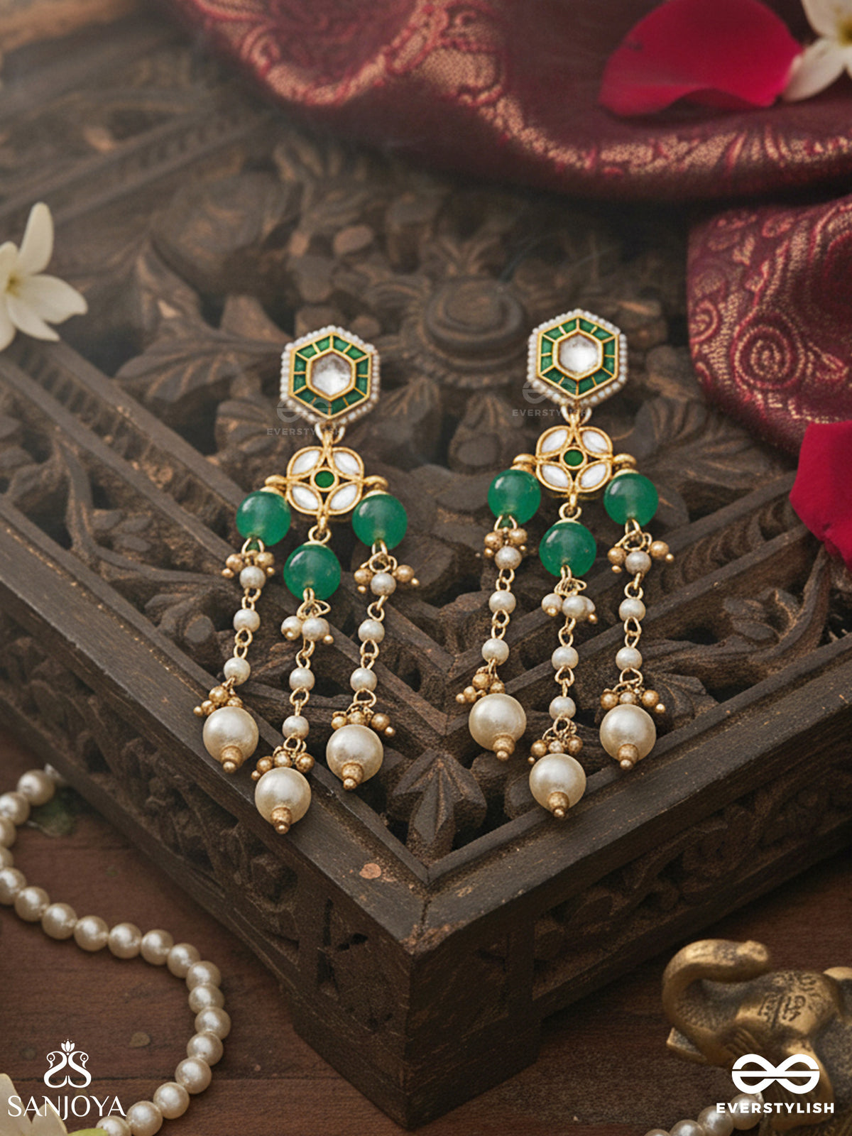 Haritshringa - Ornament Of Green Grace - Kundan Earrings With Emerald Stone Centres, Draped Chains And Pearl Bead Drop