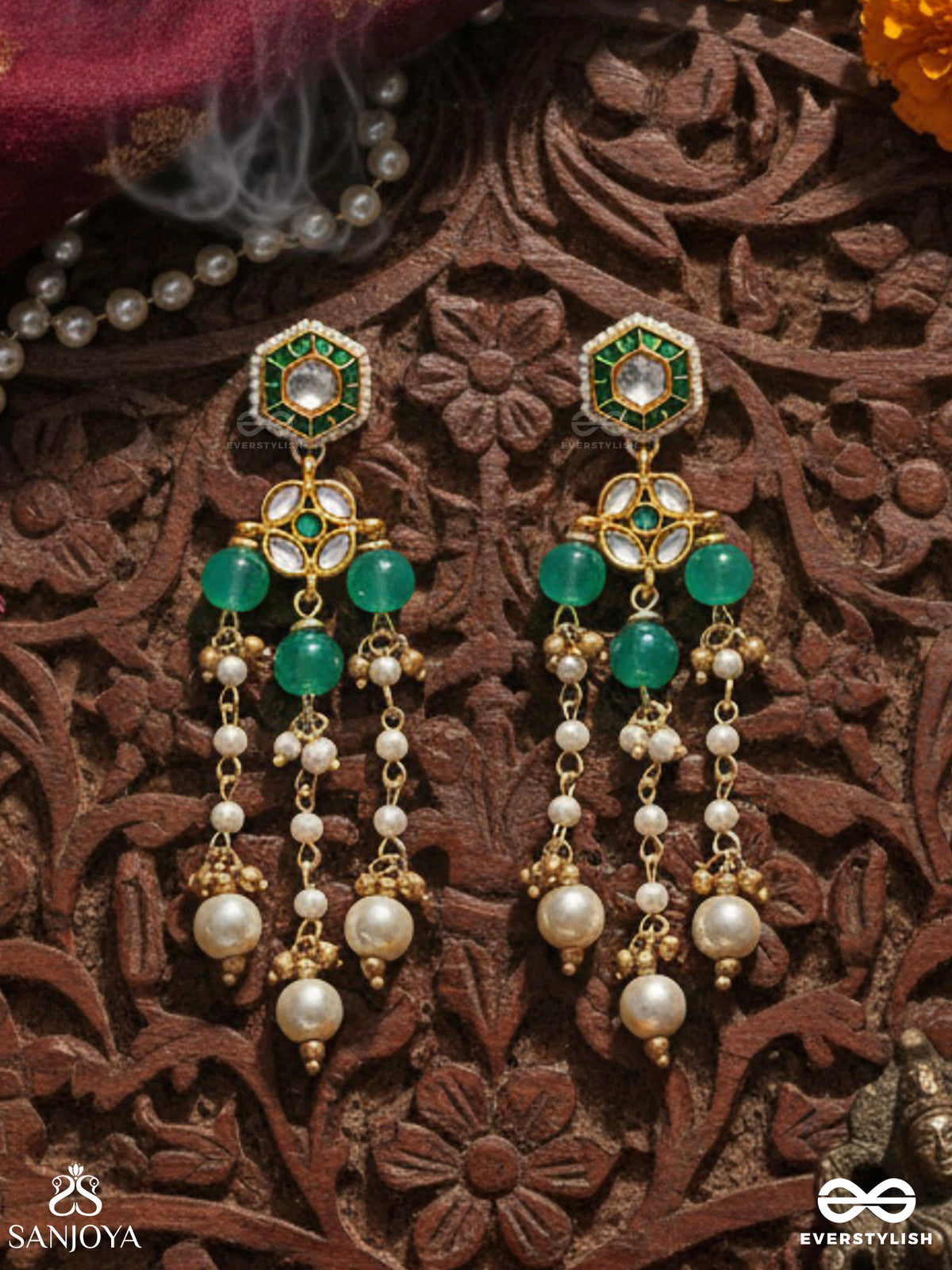 Haritshringa - Ornament Of Green Grace - Kundan Earrings With Emerald Stone Centres, Draped Chains And Pearl Bead Drop