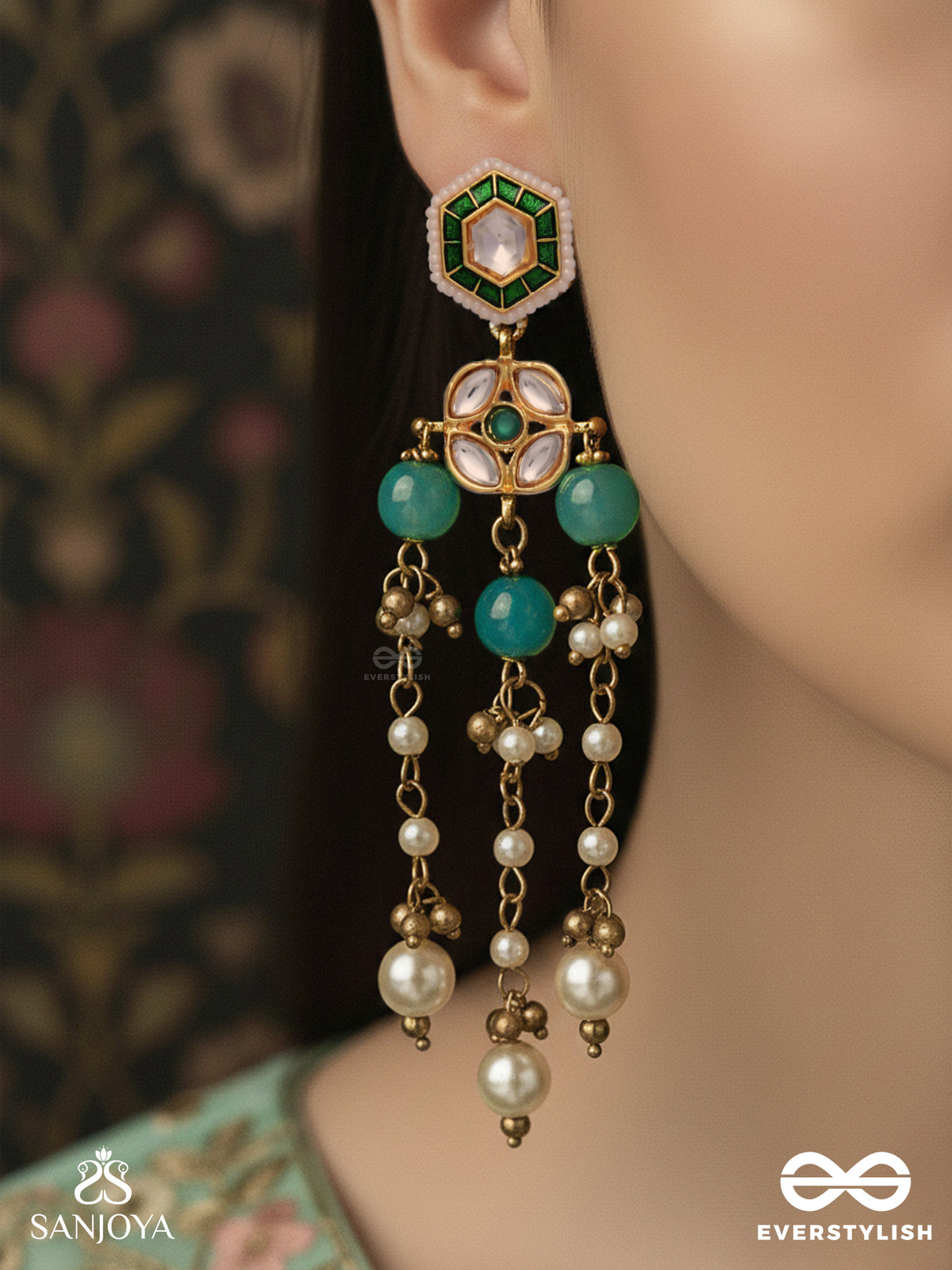 Haritshringa - Ornament Of Green Grace - Kundan Earrings With Emerald Stone Centres, Draped Chains And Pearl Bead Drop