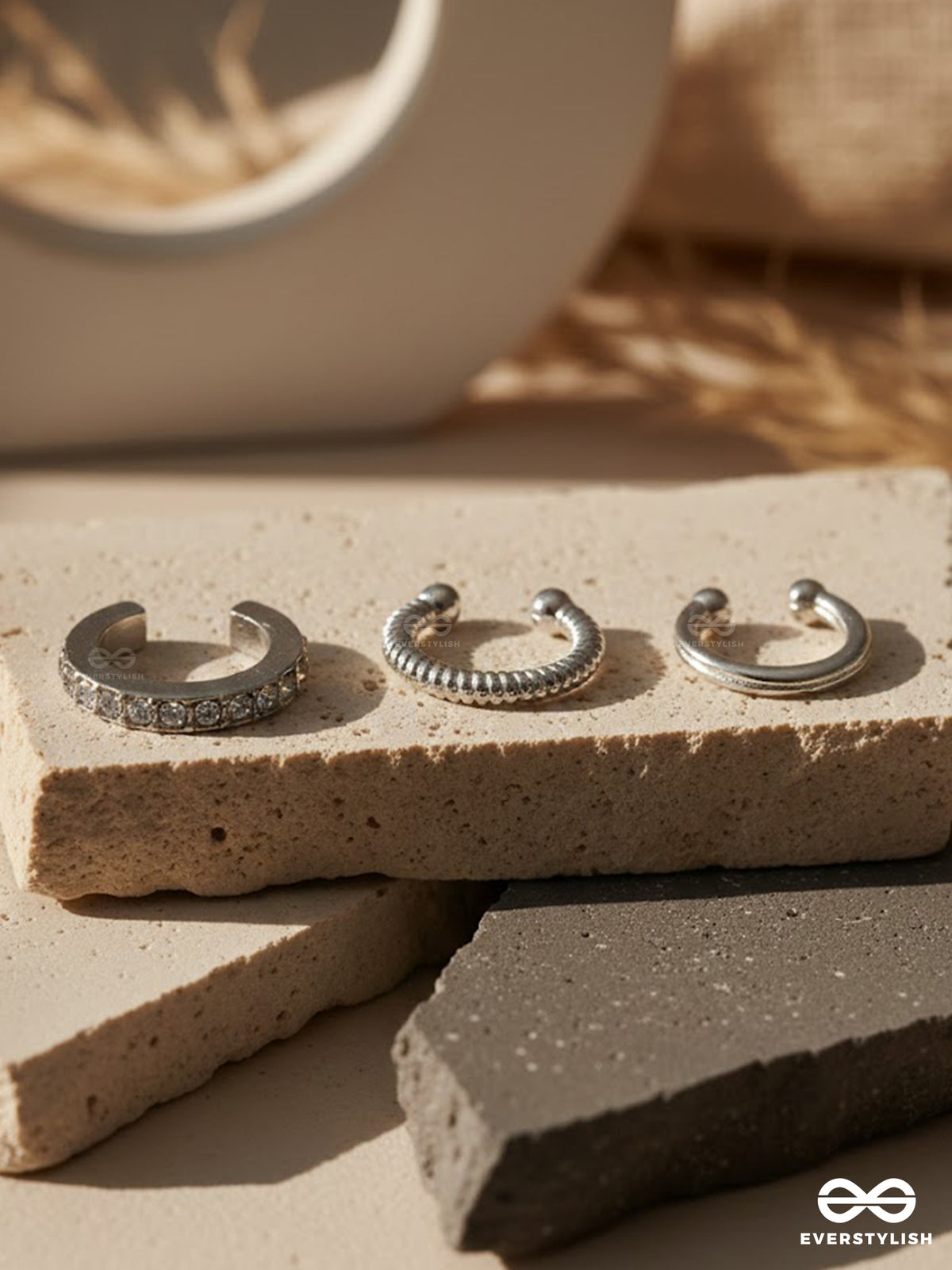 Curb Stack - Textured Silver Ear Cuff Set