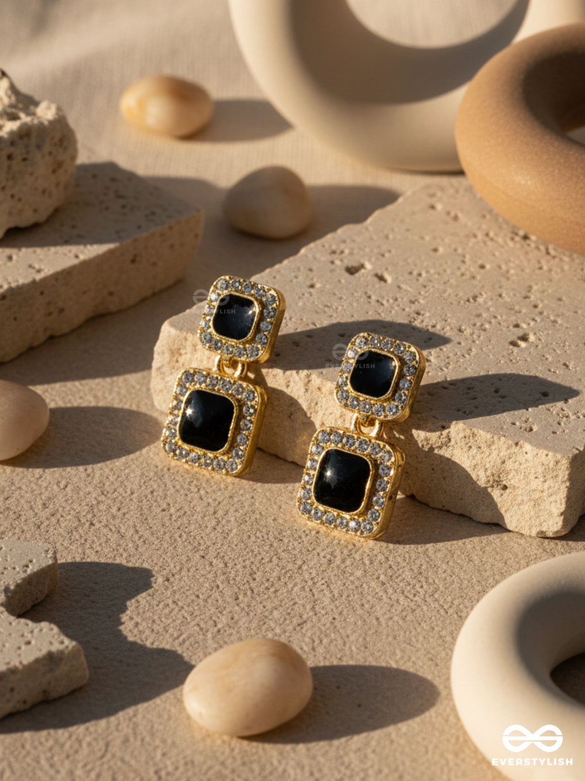 Baddie Block - Statement Black Drop Earrings With Rhinestones
