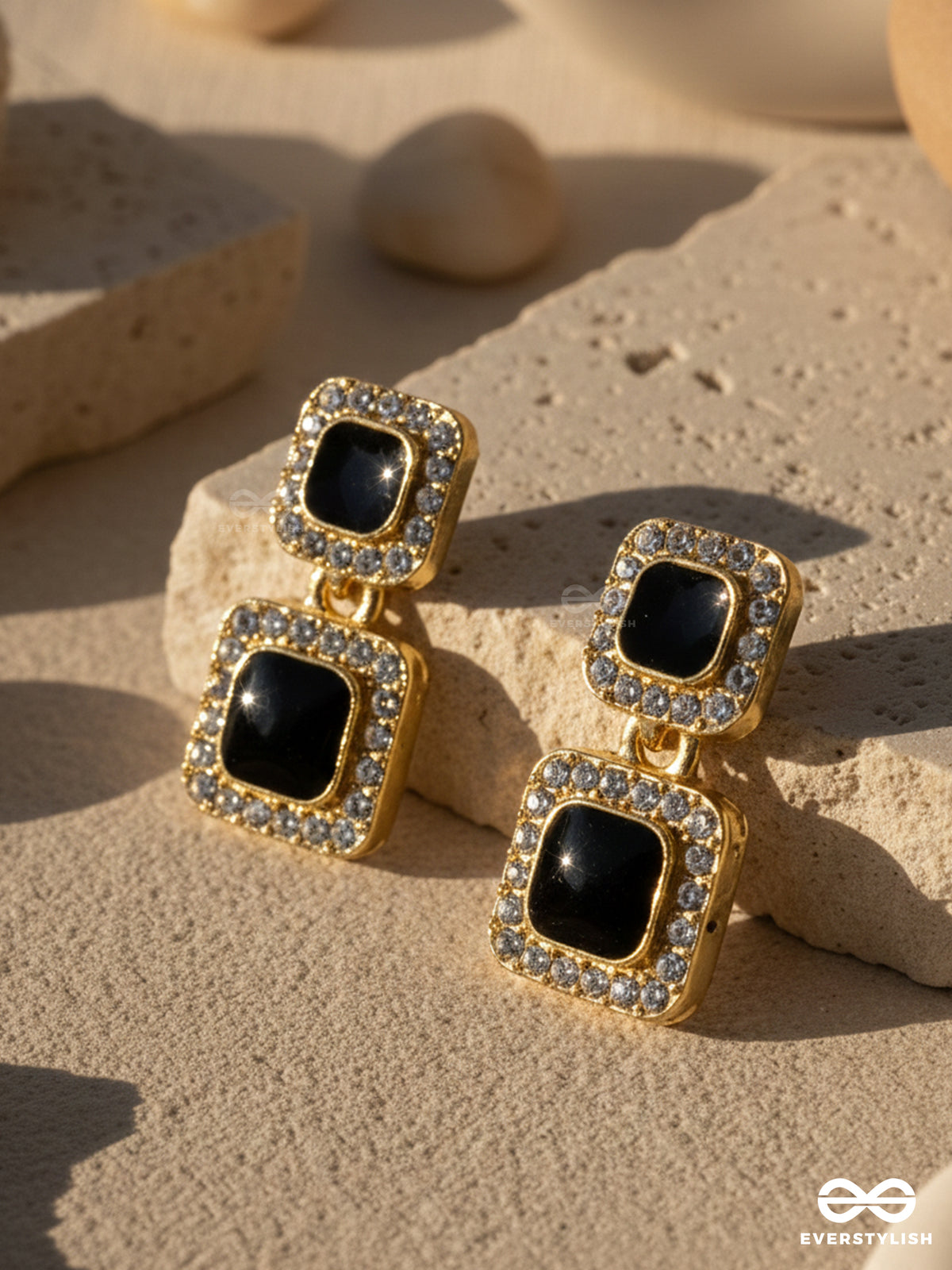 Baddie Block - Statement Black Drop Earrings With Rhinestones