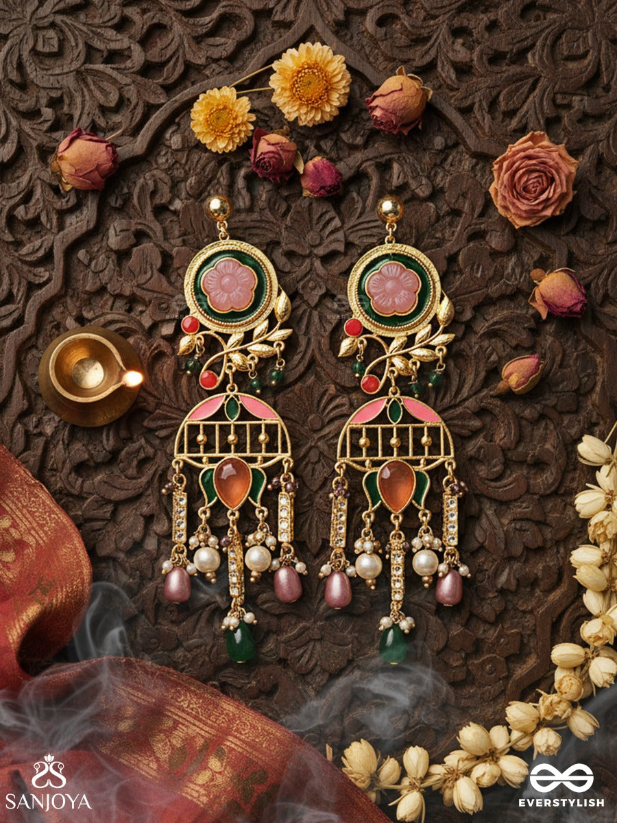 Pankhurima - Petals In Motion - Statement Drop Earring With Lotus-Style Enamel Detailing And Multi-Bead Hangings