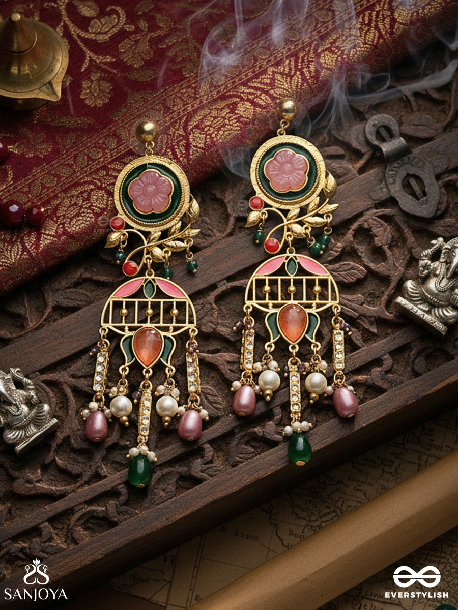 Pankhurima - Petals In Motion - Statement Drop Earring With Lotus-Style Enamel Detailing And Multi-Bead Hangings