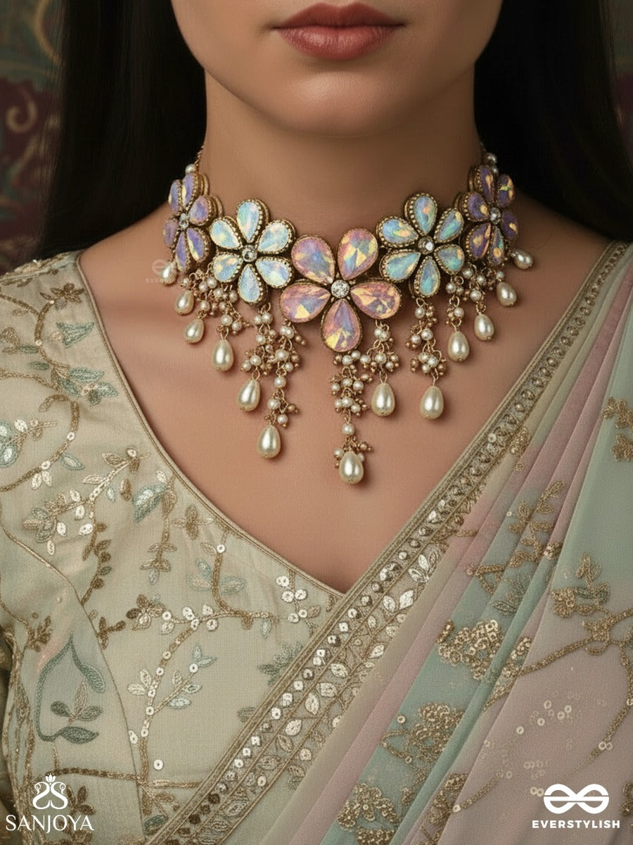 Vasantika - Song Of Spring - Bloom-Inspired Necklace With Pastel Gem Elements And Elegant Pearl Strings