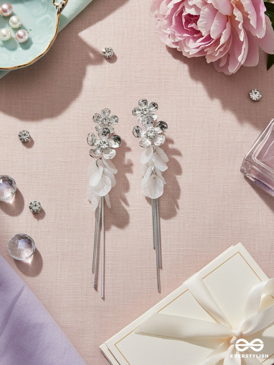 Celestial Cascade - Silver Floral Drop Earrings