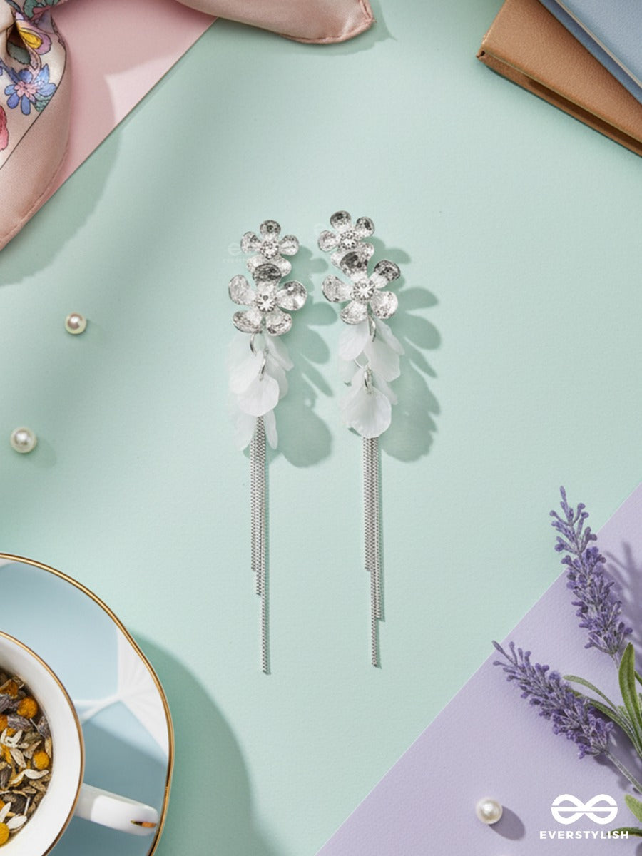 Celestial Cascade - Silver Floral Drop Earrings