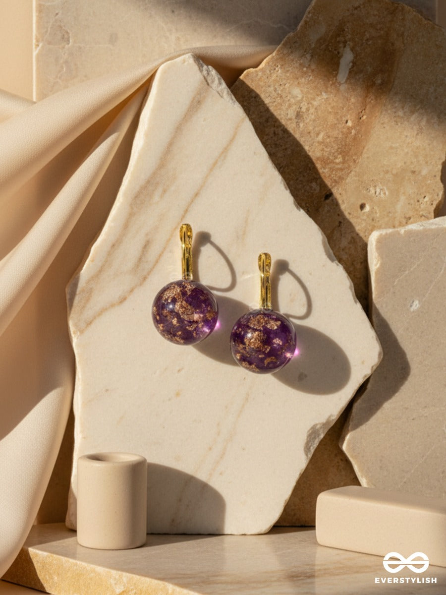 Amethyst Orbit - Golden Drop Earrings