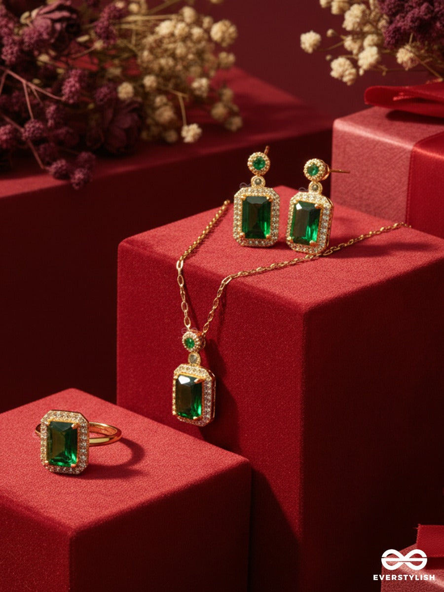 Officially Gorgeous - Emerald Luxe- Sophisticated Green Gemstone Earrings, Ring & Necklace Jewellery Set