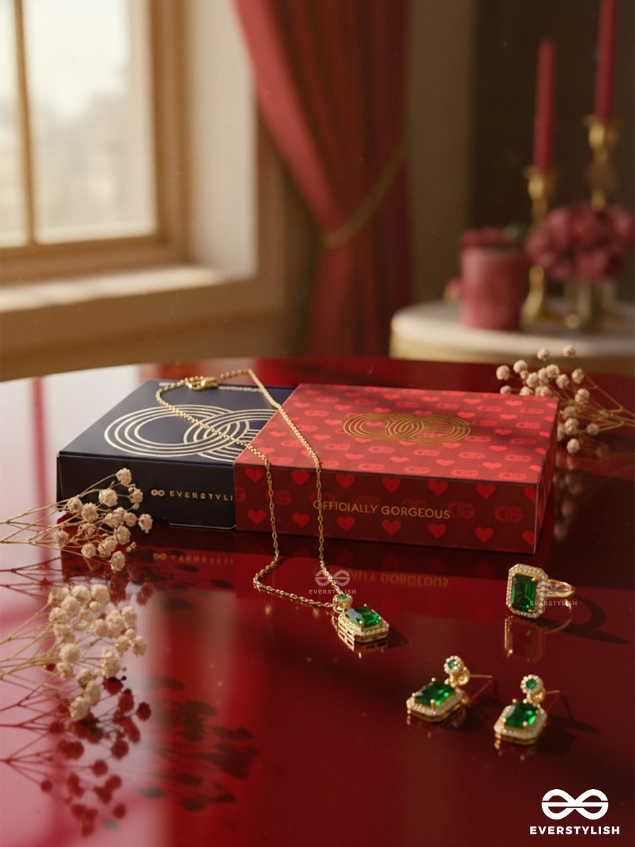 Officially Gorgeous - Emerald Luxe- Sophisticated Green Gemstone Earrings, Ring & Necklace Jewellery Set