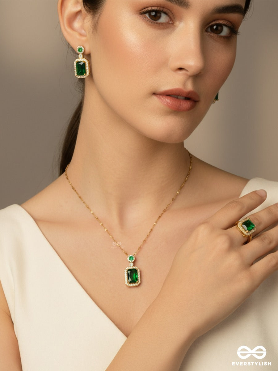 Officially Gorgeous - Emerald Luxe- Sophisticated Green Gemstone Earrings, Ring & Necklace Jewellery Set