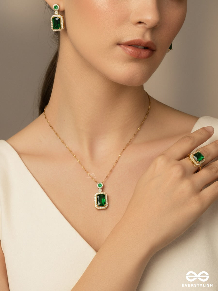 Officially Gorgeous - Emerald Luxe- Sophisticated Green Gemstone Earrings, Ring & Necklace Jewellery Set